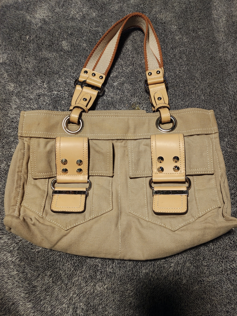 Guess Beige Canvas Shoulder Bag with Tan Accents